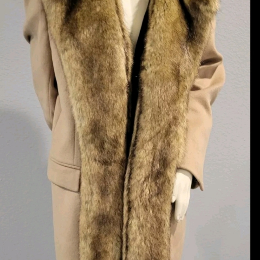 VINTAGE 70s Big Faux Collar Wool Coat Beige Tan BLACK LABEL SIZE L - Picture 2 of 13